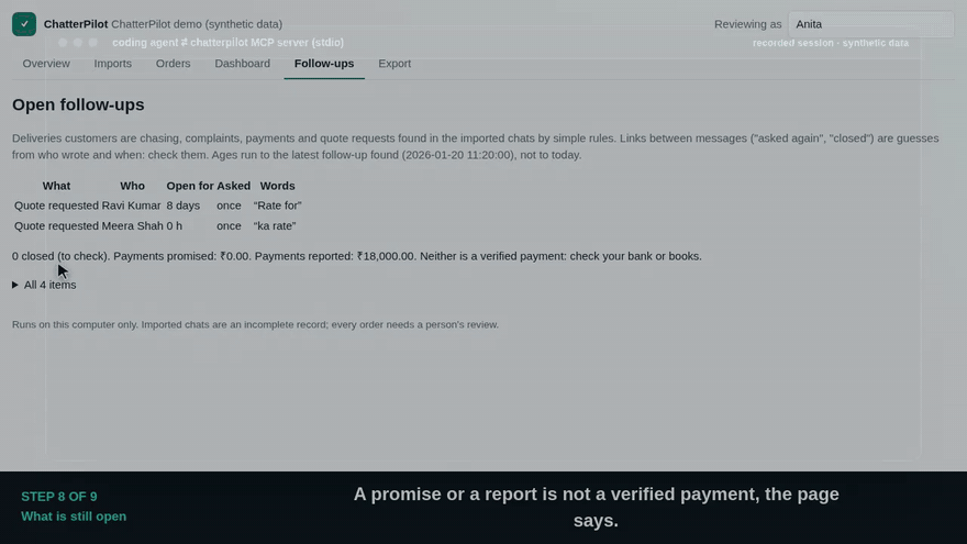 A coding agent uses the MCP tools; export and accept are refused