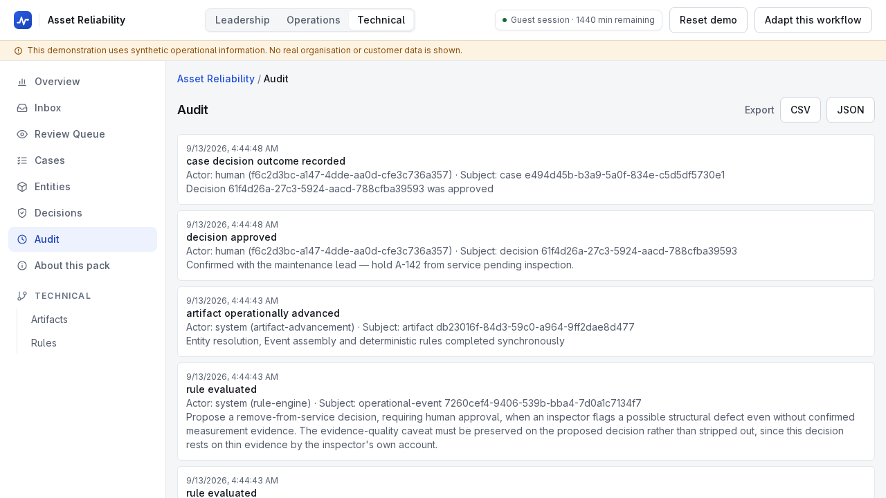 The audit explorer listing decision approved, rule evaluated and case outcome entries, each with actor and subject, plus CSV and JSON export buttons.