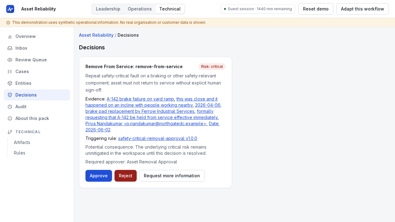 A critical-risk decision to remove an asset from service, with its evidence links, the triggering rule, the required approver role, and Approve, Reject and Request more information actions.