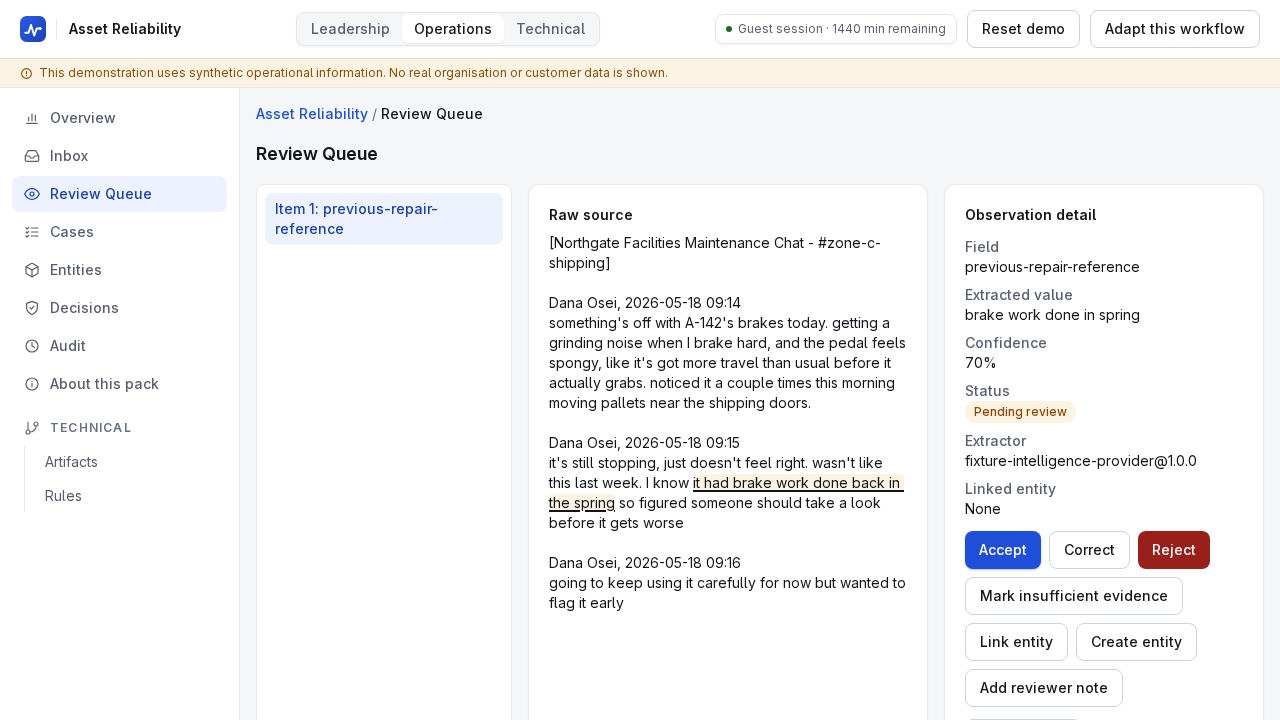 A review queue item showing the raw chat source with the evidence span underlined, the extracted value, a confidence of 70 percent, the extractor version, and Accept, Correct and Reject actions.